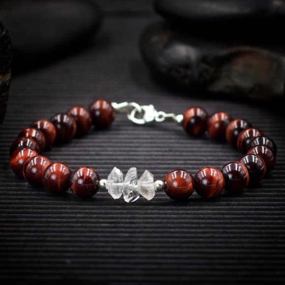 Red Tiger Eye and Herkimer Diamond Bracelet - Handmade to Order - Picture 1 of 2